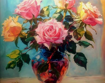 静物画 ピンクの花 油絵 キャンバス / 静物画 バラ 油絵