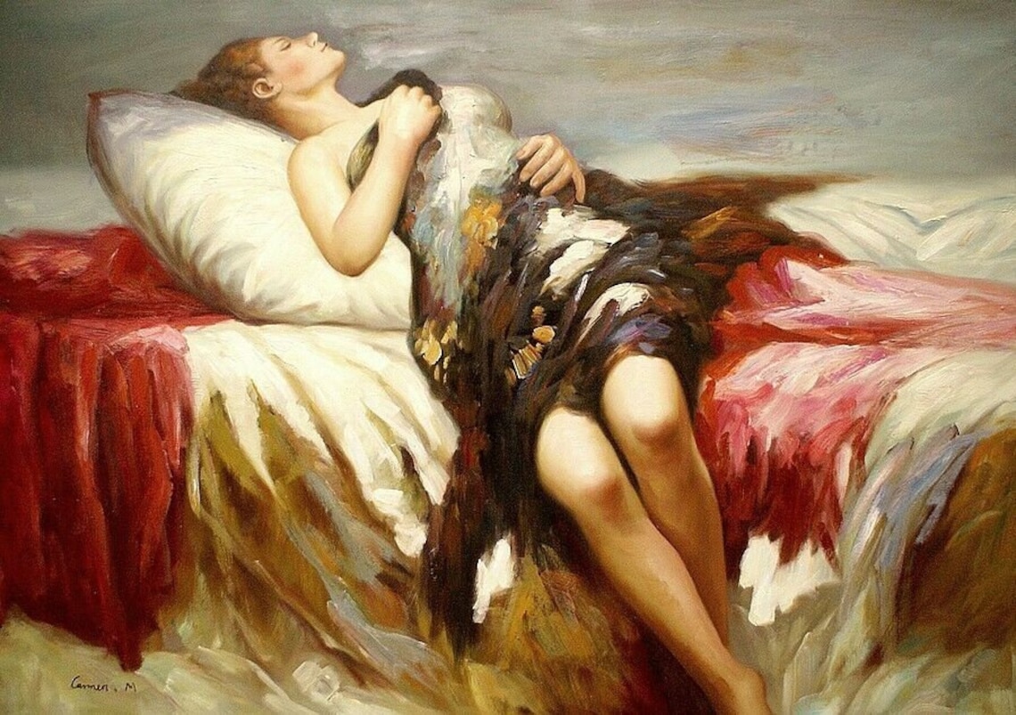 Portrait Woman Asleep Painting Oil Painting on Canvas Signed / Painting on Canvas Female