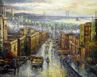 urban landscape street car oil painting on canvas signed / oil painting on canvas street