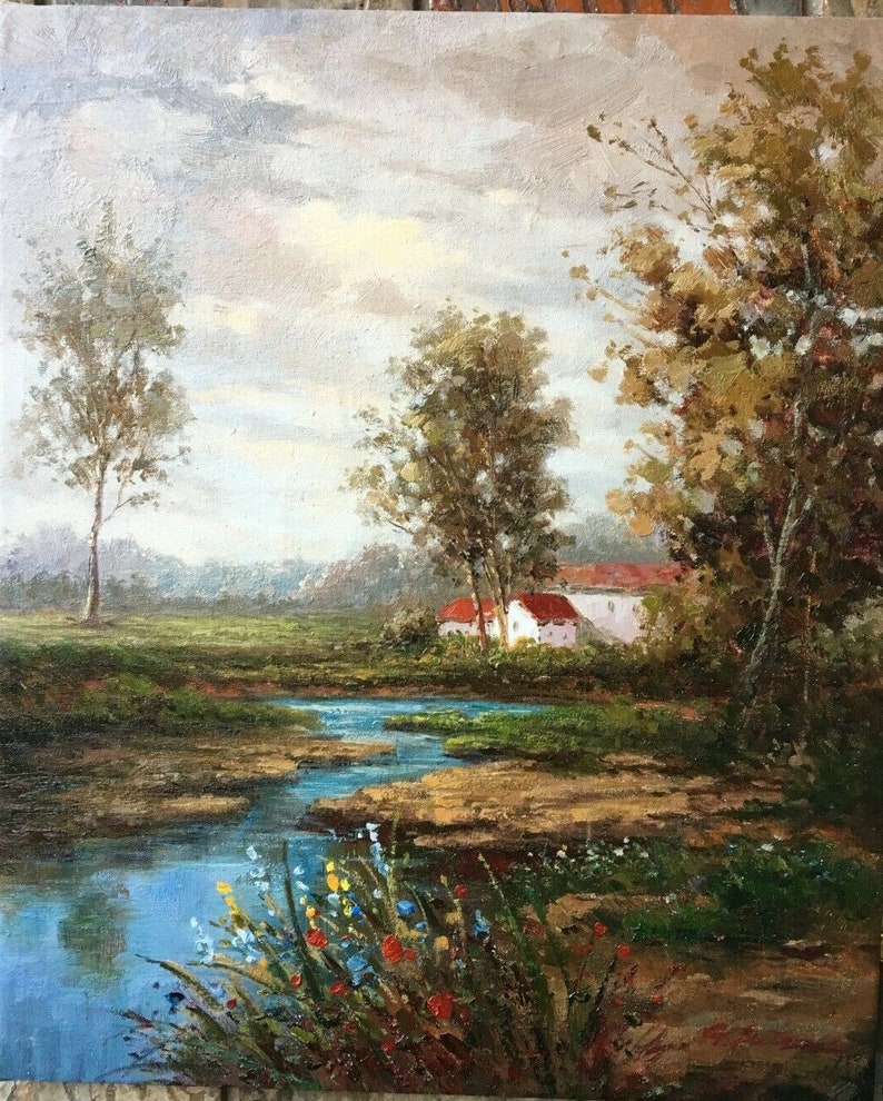 landscape countryside river painting oil painting on canvas signed / oil painting on canvas landscape river image 2