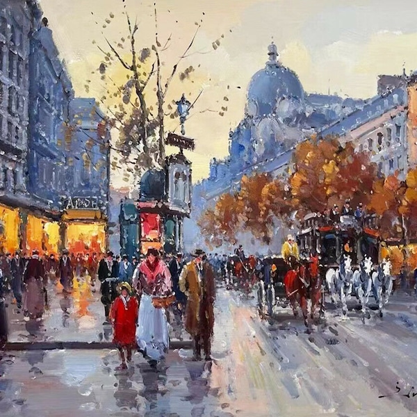 scène de rue Les Grands Boulevards Paris hiver tableau peinture huile sur toile signée / Paris street oil painting on canvas