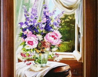 Fiori alla finestra - dipinto ad olio dipinto a mano con cornice firmata 64 x 53 cm