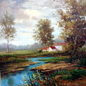landscape countryside river painting oil painting on canvas signed / oil painting on canvas landscape river image 1