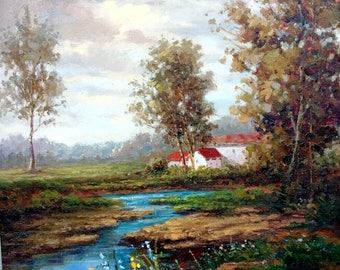 landscape countryside river painting oil painting on canvas signed / oil painting on canvas landscape river