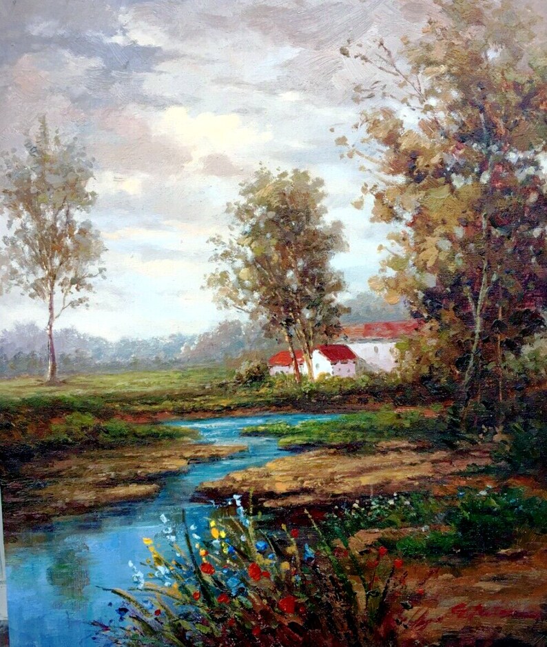 landscape countryside river painting oil painting on canvas signed / oil painting on canvas landscape river image 1