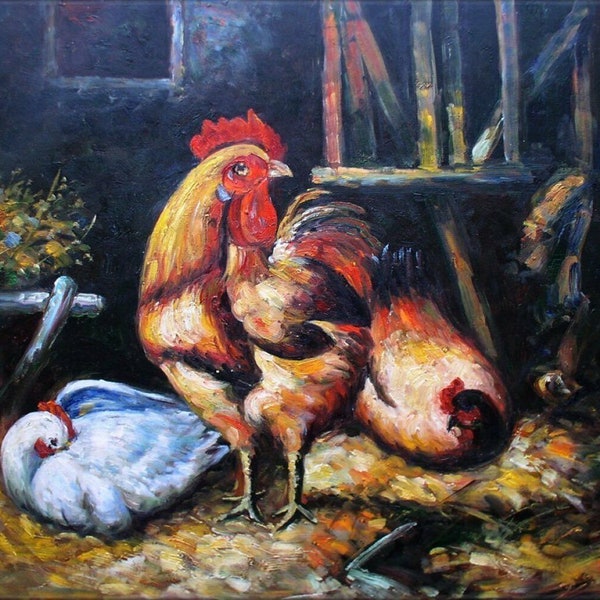 animal coq tableau peinture huile sur toile / animal Rooster and Hens oil painting on canvas