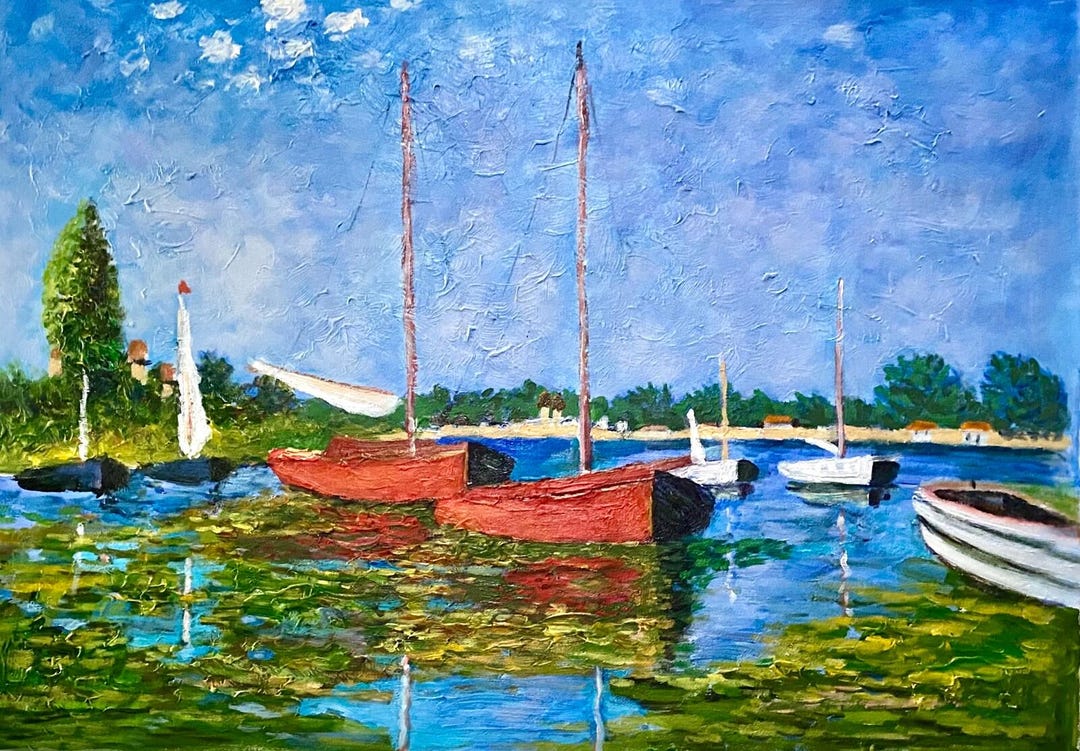 モネの「赤い舟」を模写した、質感のある油絵、60×90cm（24×36インチ