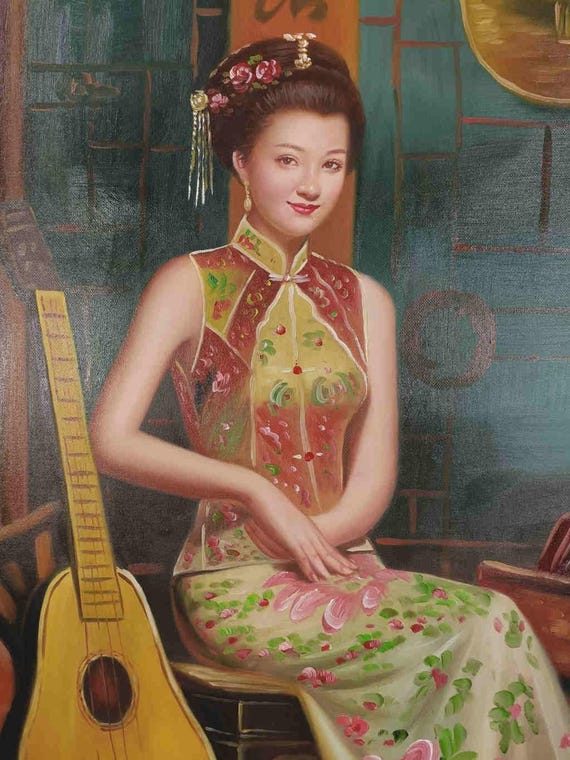 Hand-painted Chinese Oil Painting on Canvas of a Beautiful Female