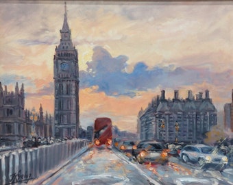 London - Westminster Bridge - Sunset" oil on canvas