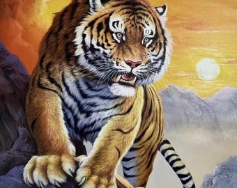 Large Format Oil Painting Viking Tiger Original Gift Artistic