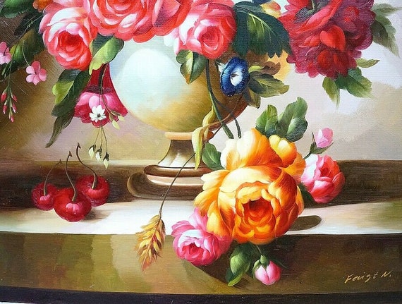 Nature Morte Bouquet Fleurs Tableau Peinture Huile Sur Toile Signée Oil Painting On Canvas Still Life Flowers