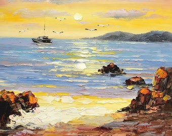 seascape sea view boat oil painting on canvas signed / seascape painting on canvas vew sea