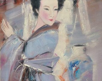 portrait femme asiatique tableau peinture huile sur toile / asiat woman oil painting on canvas