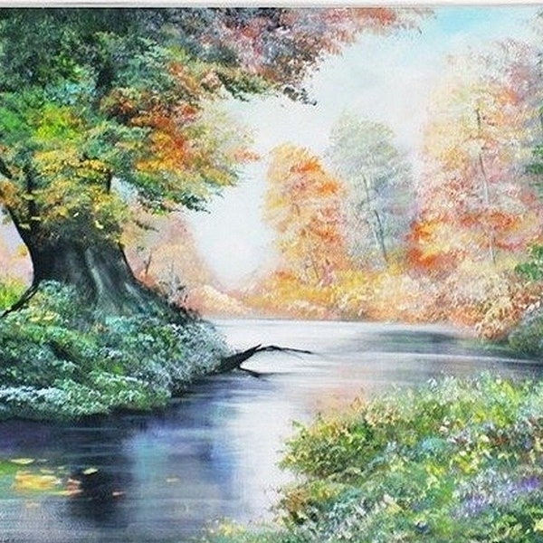 paysage campagne riviere tableau  peinture huile sur toile signée / oil painting on canvas landscape river