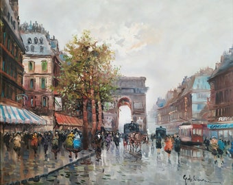 View of Old Paris Champs Élysées Original oil painting signed / Paris street arc de triumph original Oil Painting on canvas