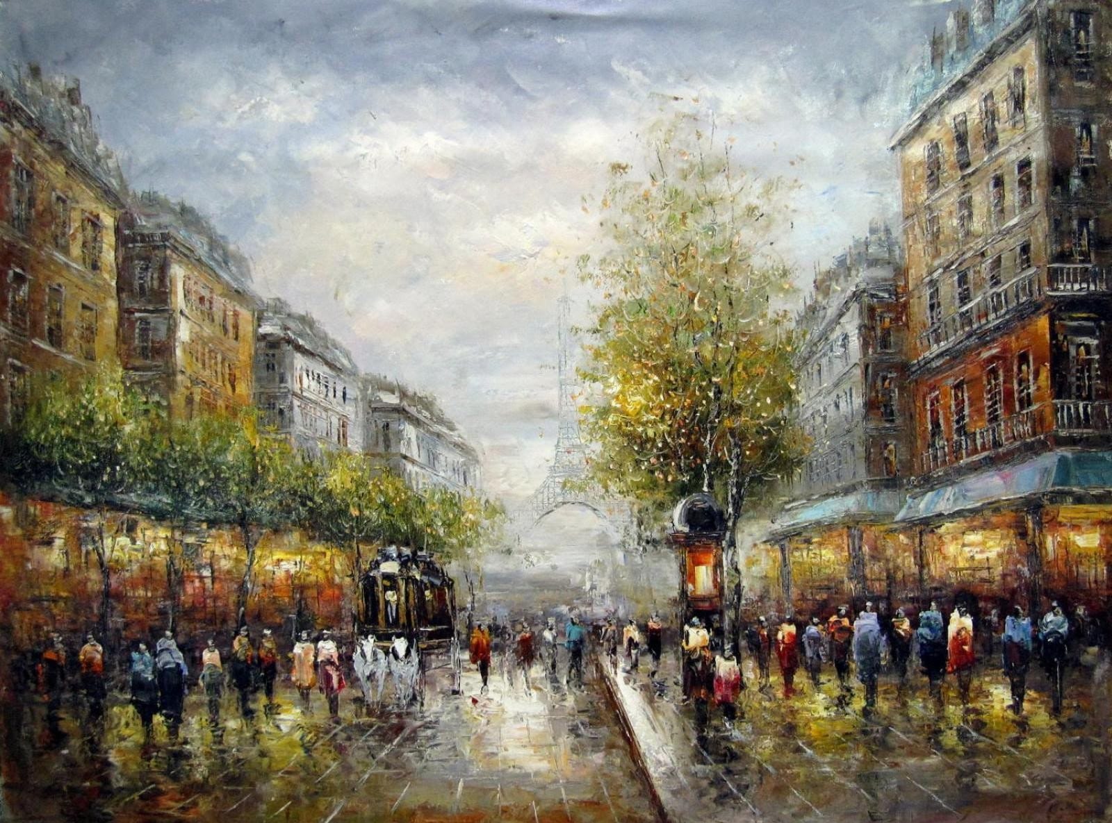 Oil Paris Tower Eiffel street scene painting oil on canvas signed Paris