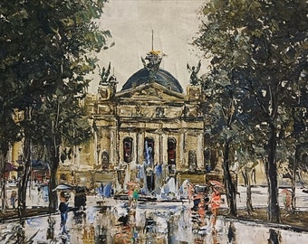 Könnte beinhalten: Ein Gemälde eines großen Gebäudes mit einer Kuppel und einem Springbrunnen davor. Das Gebäude ist von Bäumen umgeben und Menschen gehen davor herum. Das Gemälde ist in einem Stil gehalten, der an den Impressionismus erinnert.