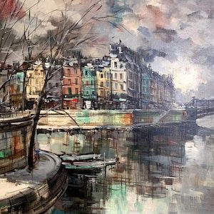 Quai de Seine Paris oil painting on canvas signed / Oil Painting Paris France Street Scene
