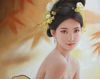 sexy asian woman portrait painting oil on canvas / figure sexy woman oil painting on canvas