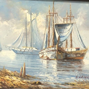 Vintage Signed Original Oil Painting “Ghost Ships” B. Wilder Framed 22” X 25”