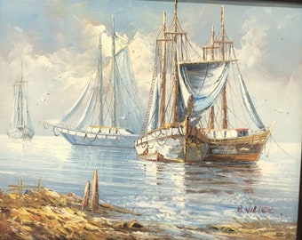 Vintage Signed Original Oil Painting “Ghost Ships” B. Wilder Framed 22” X 25”