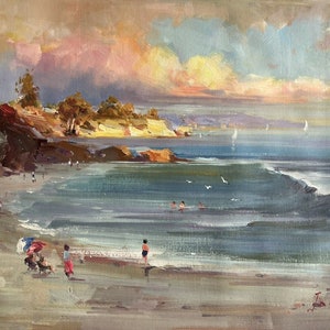 scenery children playing at beach oil painting on canvas