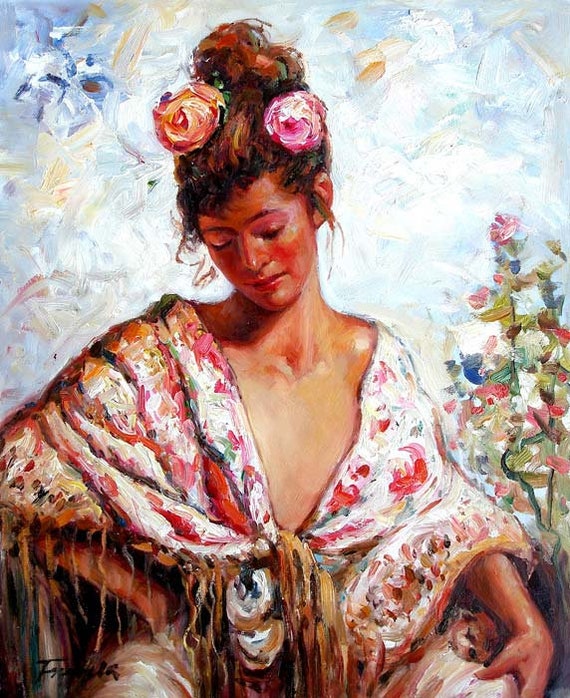 Art & Collectibles young girl with flowers oil painting on canvas ...