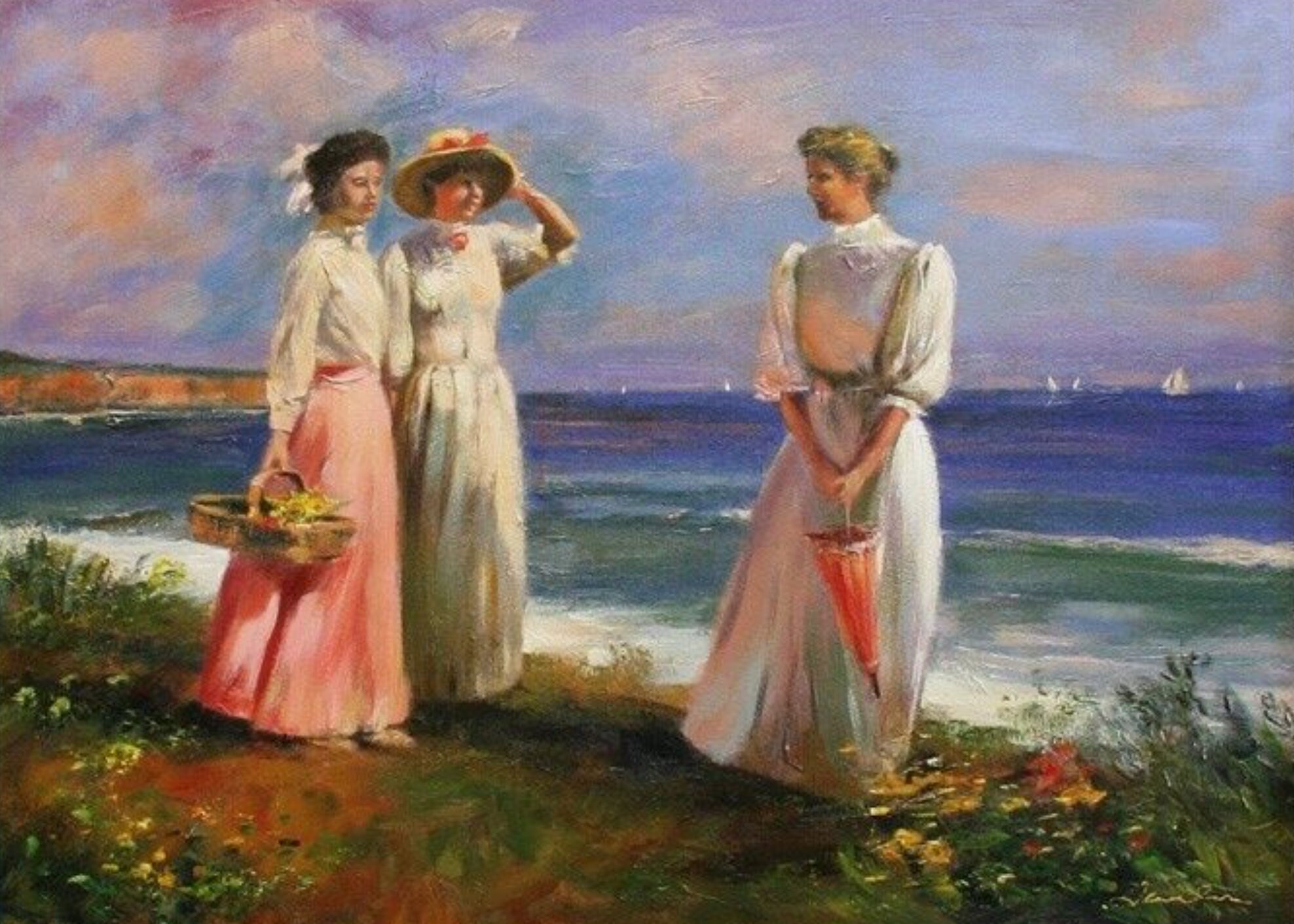Portrait Woman at the Beach Painting Oil Painting on Canvas Signed ...