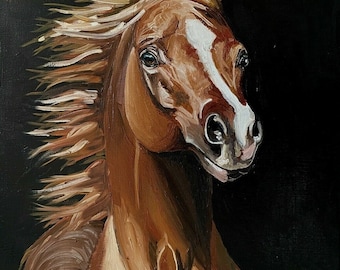 動物の馬の絵 キャンバスにオリジナルの油絵 サイン入り / キャンバス