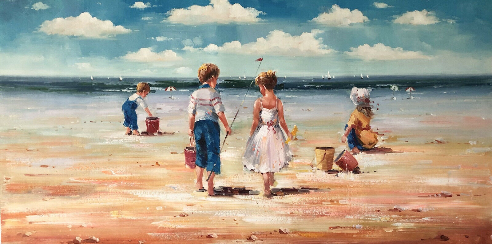 child portrait at the beach painting oil painting on canvas signed / children on beach painting on canvas