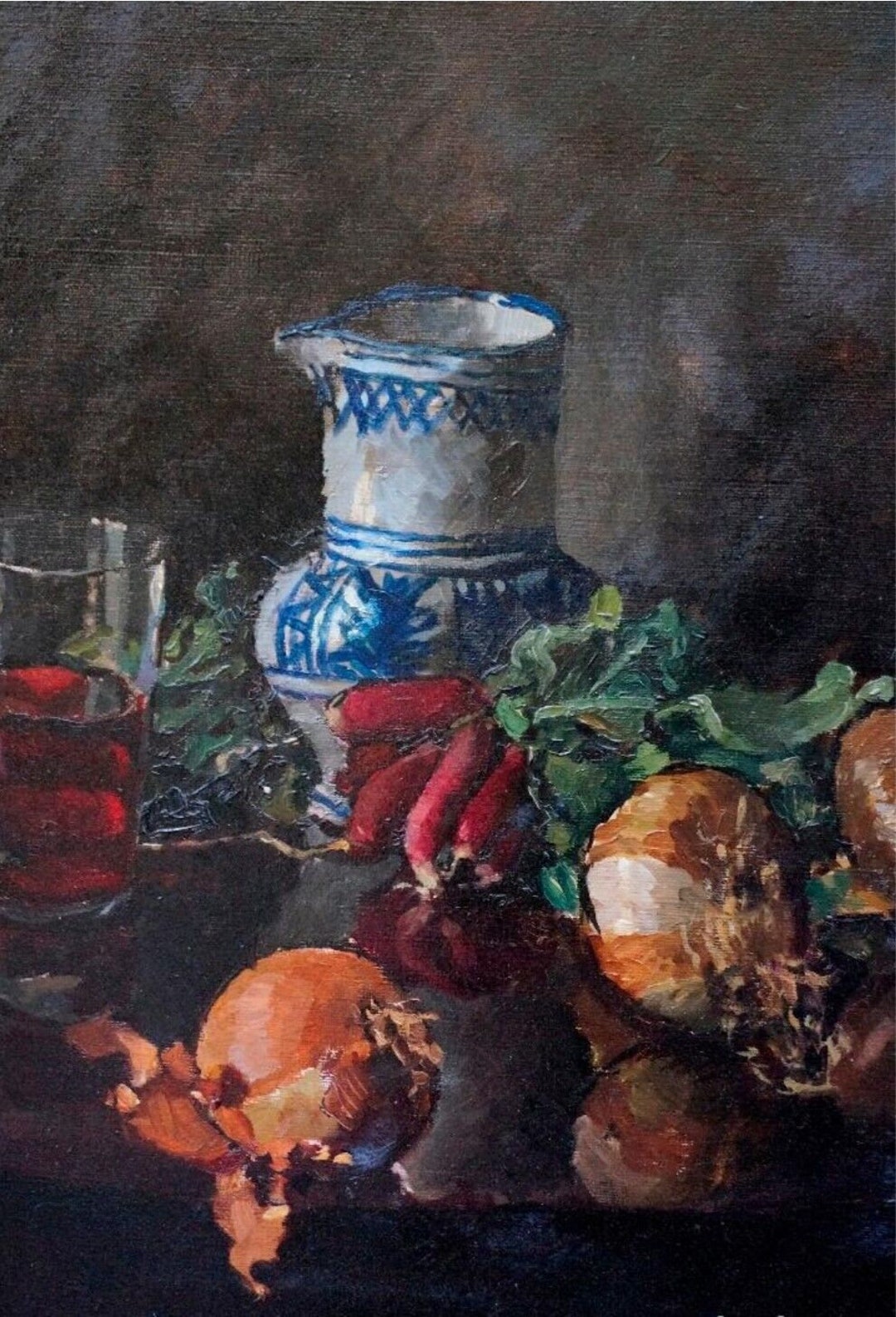 Old Painting Oil on Canvas Still Life Onions Xxth / Still Life Original