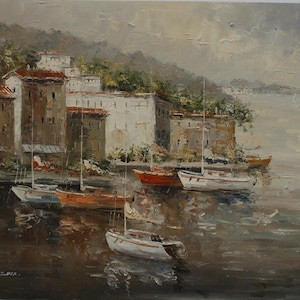 paisaje barcos portuarios pintura pintura al óleo sobre lienzo firmado / Pintura al óleo pintado a mano barcos paisaje marino