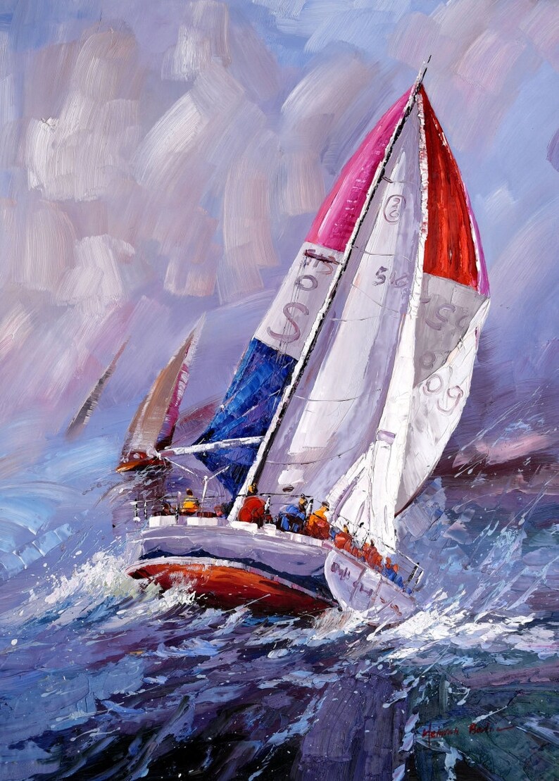 regate sur mer tableau peinture huile sur toile / boat team oil painting on canvas kd image 1