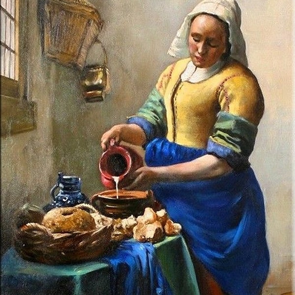 portrait femme d'apres Vermeer  tableau peinture huile sur toile signée / figure woman oil painting on canvas