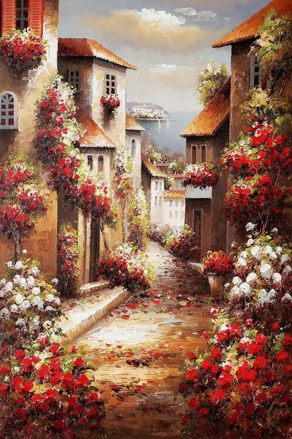 Landscape Tuscany Village Sea View Oil Painting on Canvas - Etsy