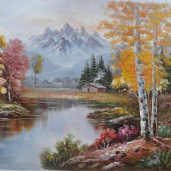 paysage riviere montagne peinture huile sur toile / river mountain oil painting on canvas landscape