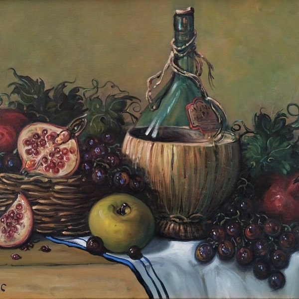 nature morte fruits grenade raisin tableau peinture huile sur toile signée  /  painting on canvas still life fruits wine bottle