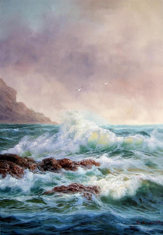 Landscape View Sea Waves Painting Oil On Canvas Signed Hand Etsy Landscape View Sea Waves Painting Oil On Canvas Signed Hand Etsy