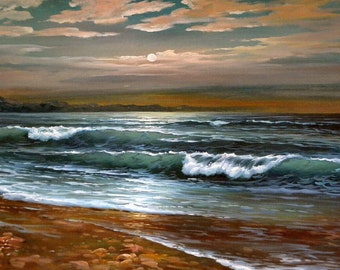 Très grand paysage marin "Les vagues de la mer par une nuit au clair de lune" artiste classé / oil painting on Canvas seascape wave