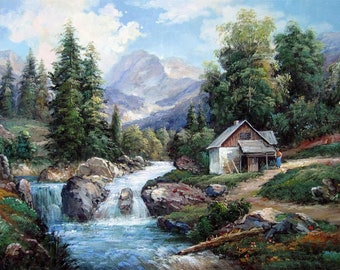 paysage campagne riviere peinture huile sur toile / painting on canvas landscape river