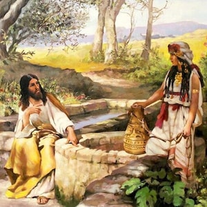 Gesù Cristo e la Samaritana al pozzo dipinto ad olio dipinto a mano 50 x 70 cm