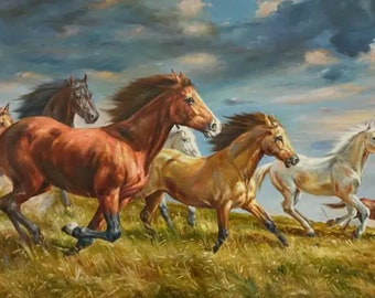 animal chevaux tableau peinture originale huile sur toile / original  oil painting on canvas horses animal