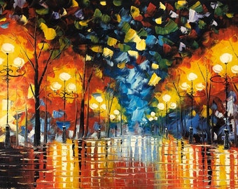 May include: A painting of a street scene at night with streetlights and trees. The streetlights are lit and the trees are a mix of red, orange, yellow, and green. The street is wet and reflecting the lights. The sky is a dark blue with some clouds.