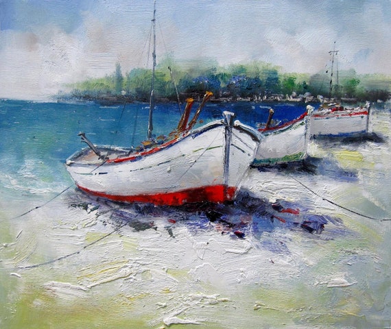 Paisaje marino barco pintura óleo sobre lienzo firmado / pintura