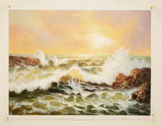 Paysage marin vue mer bateau tableau peinture huile sur toile signée /  seascape painting on canvas vew sea -  France
