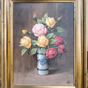静物画 ピンクの花 油絵 キャンバス / 静物画 バラ 油絵