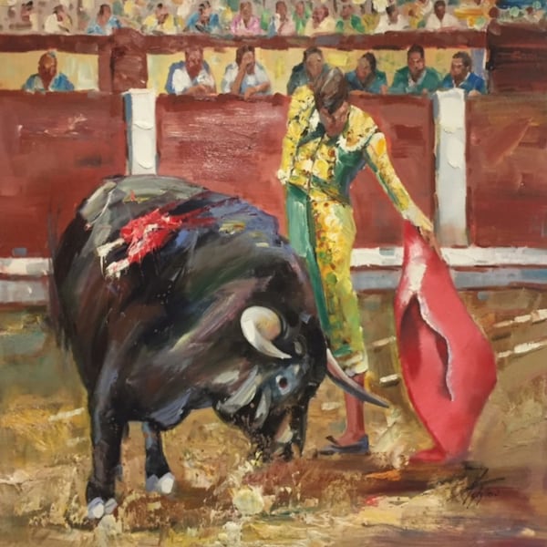 scene de corrida torero et taureau au combat originale huile sur toile / scenery bull fighter oil painting on canvas