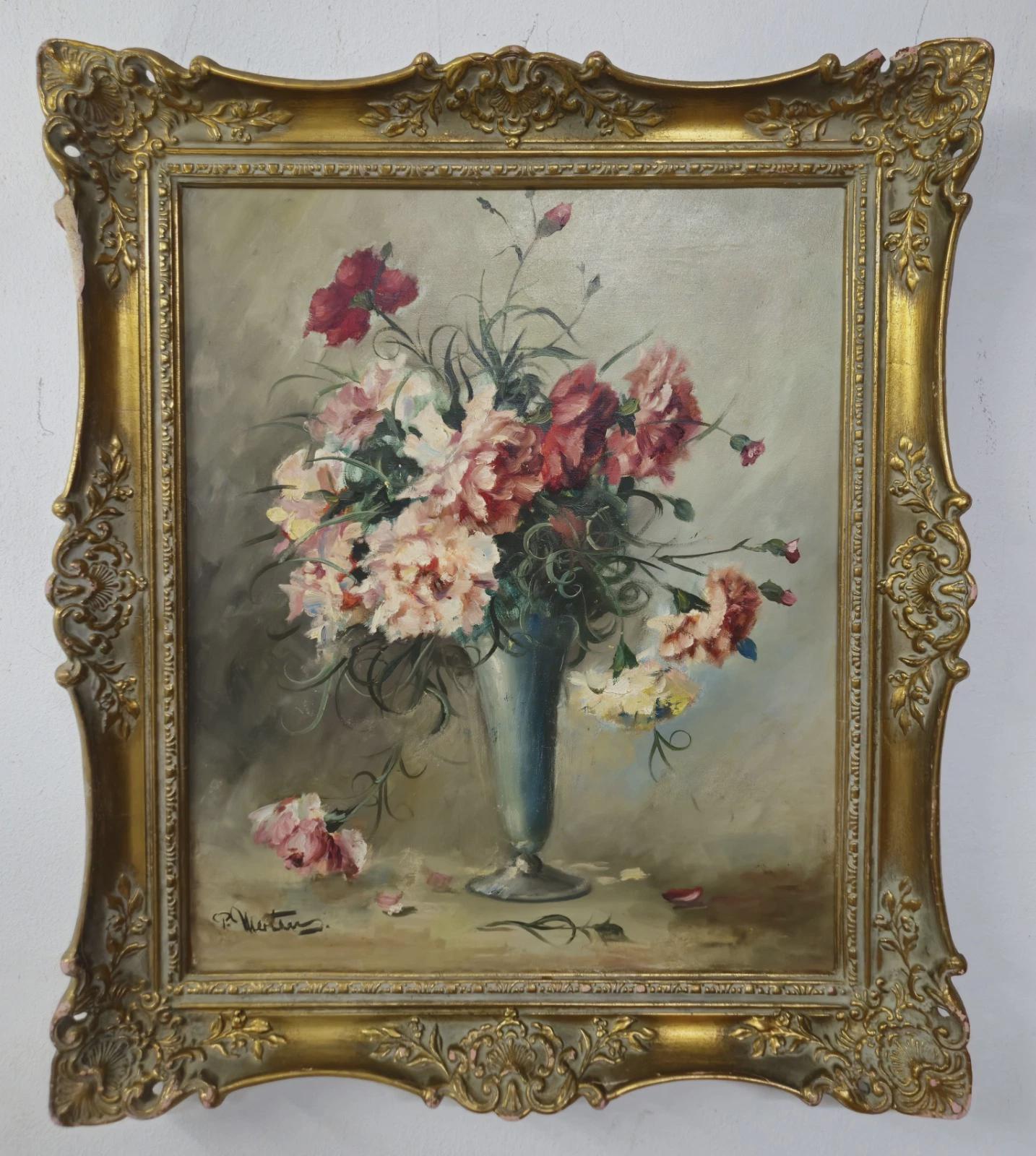P.メルテンス作の油絵 - ピンクと白のカーネーションの花束 - キクー