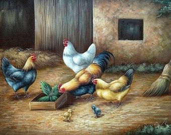 farmyard poultry painting oil painting on canvas / chicken oil painting on canvas