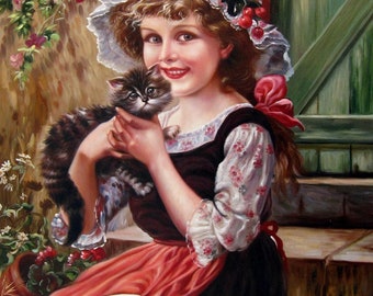 portrait petite fille et son chat tableau peinture huile sur toile / girl  painting OIL ON canvas